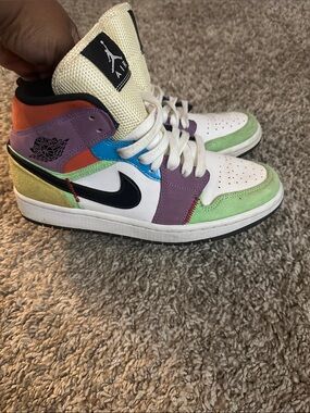 Jordan woman’s High-Top Sneakers in White, Green & Purple